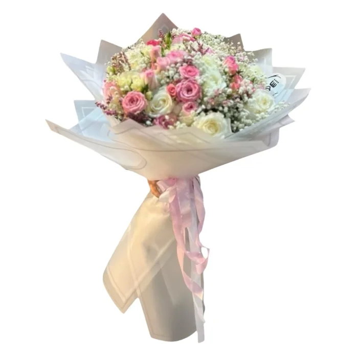 Beyaz Gül Pembe Mini Gül Ve Cipso Buketi