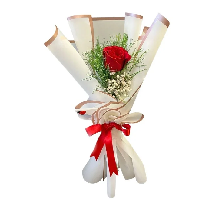 Canlı Kırmızı Tek Gül Buketi 25 Cm