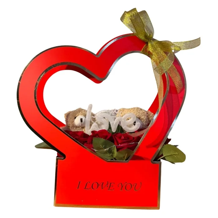 Işıklı Love Yazılı Kalp Gül Aranjmanı Ayıcıklı Romantik Hediye 35 Cm