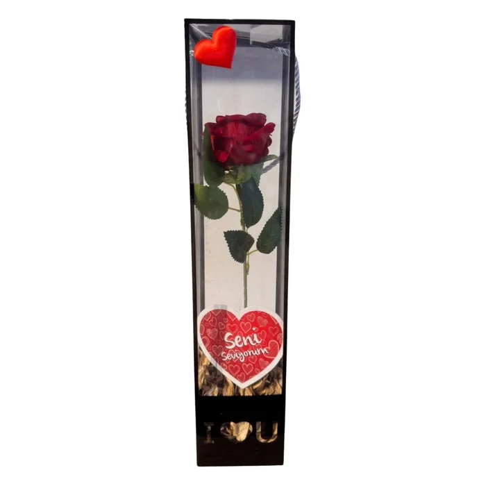 Premium Kadife Gül Şeffaf Kutuda Tekli Dekoratif Gül 40 Cm